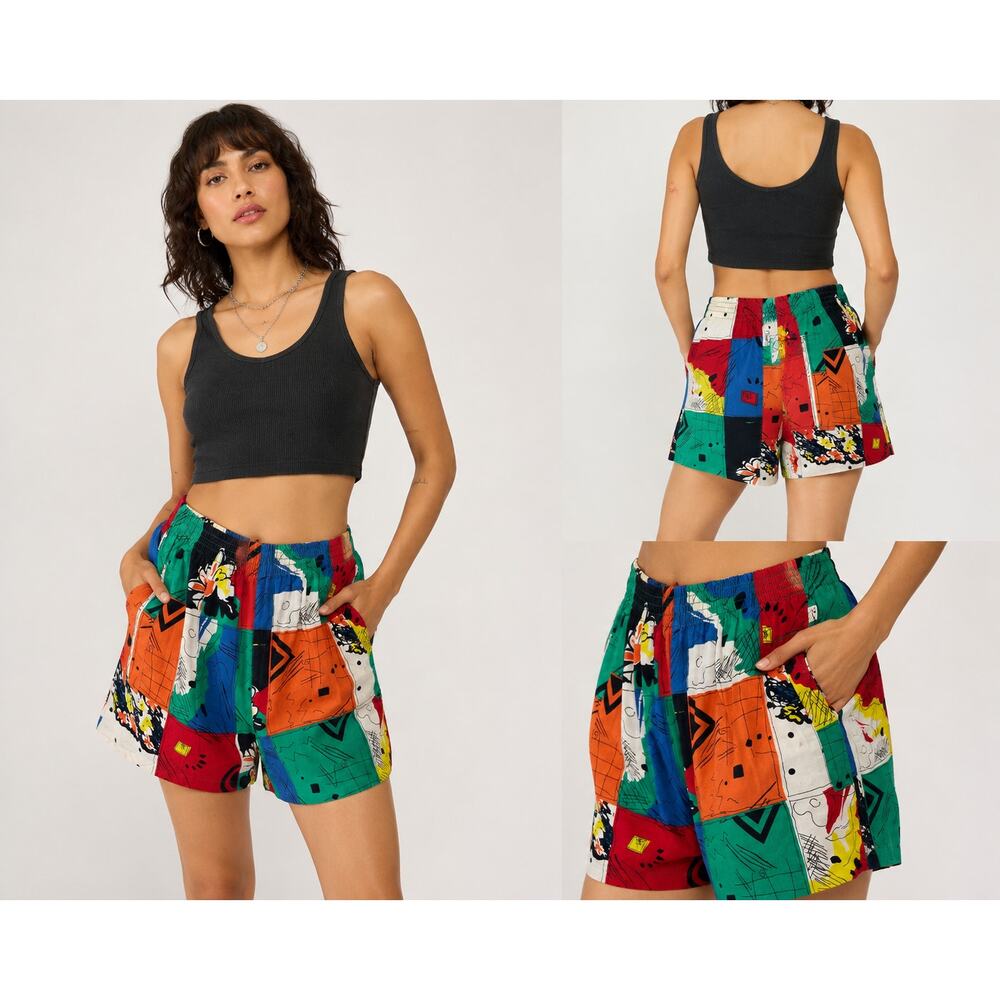 Vintage 90s Abstract Patchwork Cotton Shorts Made in Hong Kong Size S